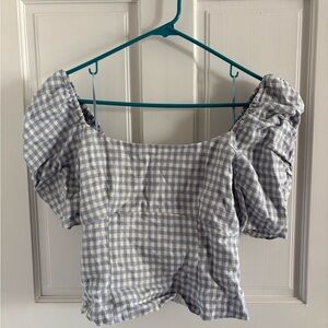 Reformation Light Blue Checkered Puff Sleeve Blouse